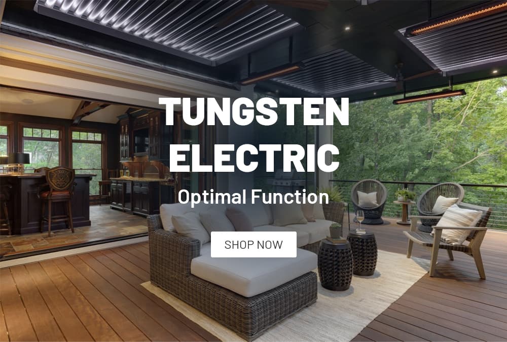 Tungsten electric heaters over a bohemian covered patio